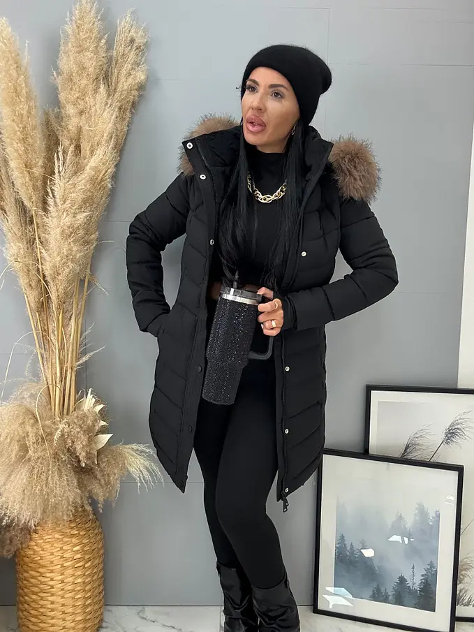 Dlhá štepovaná čierna bunda s kapucňou BABETTE+