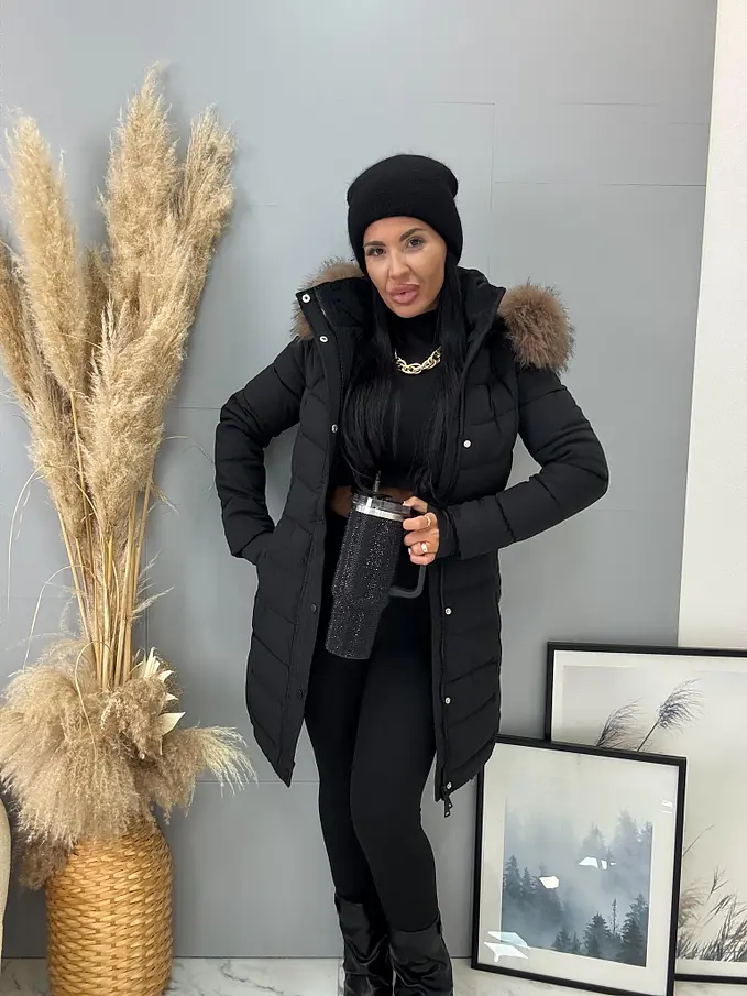 Dlhá štepovaná čierna bunda s kapucňou BABETTE+