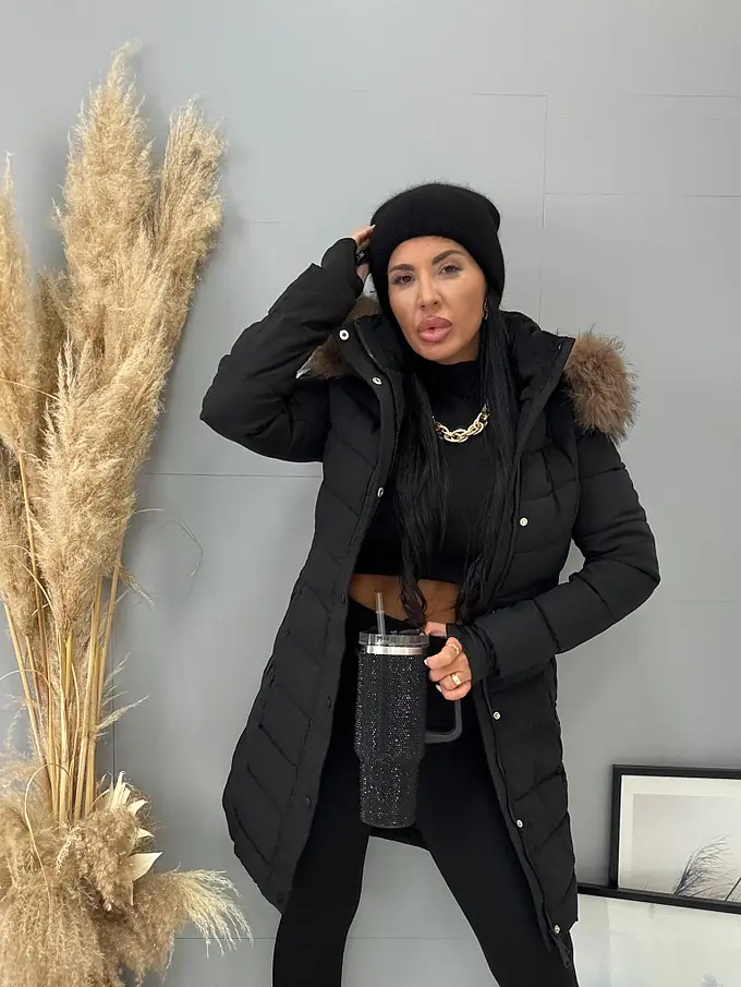 Dlhá štepovaná čierna bunda s kapucňou BABETTE+