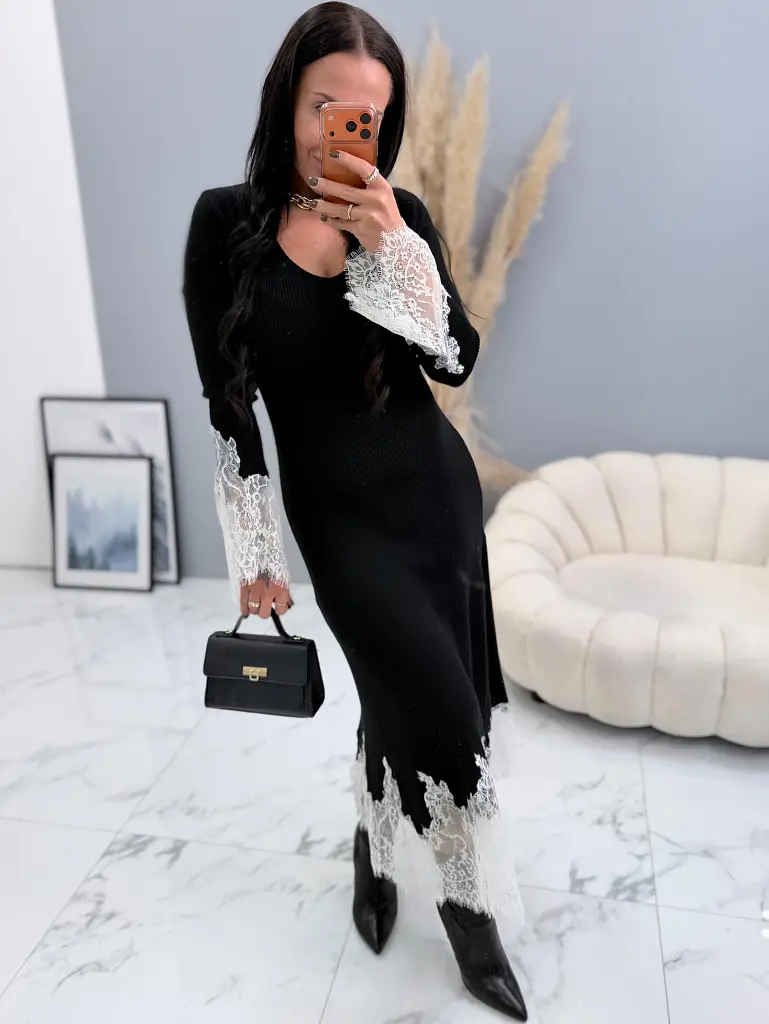 Pletené dlhé šaty z rebrovaného materiálu s čipkou DALEA - next