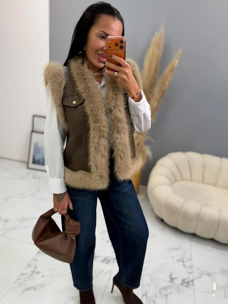 Hnedá kožená vesta s kožušinou NIOVA - next