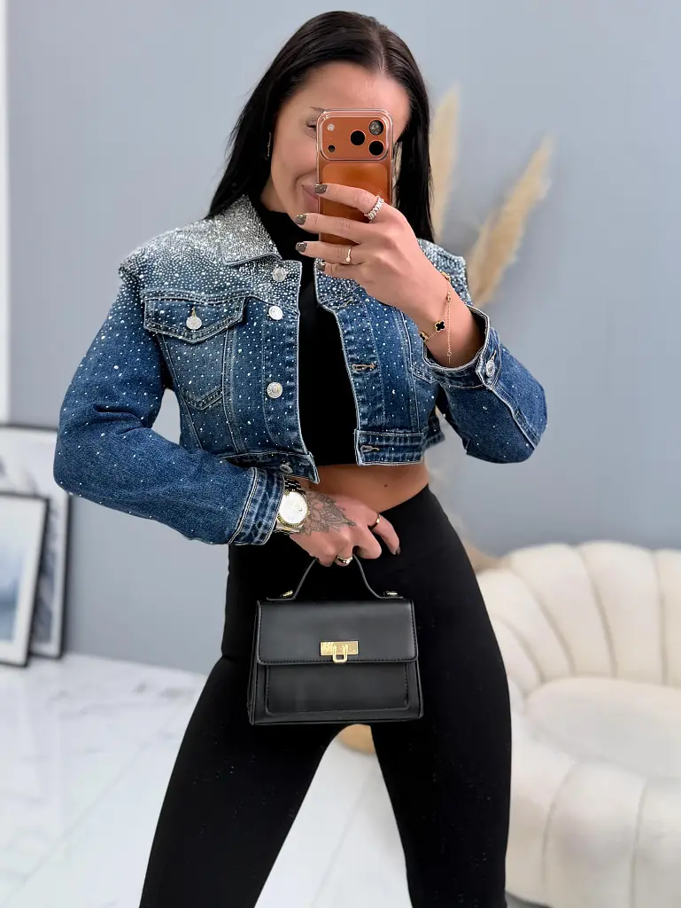 Denim crop kabát s kamienkami SARA