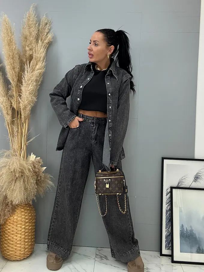 Dvojdielny denim komplet s opaskom SONYA