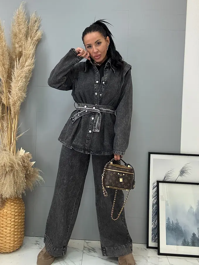 Dvojdielny denim komplet s opaskom SONYA