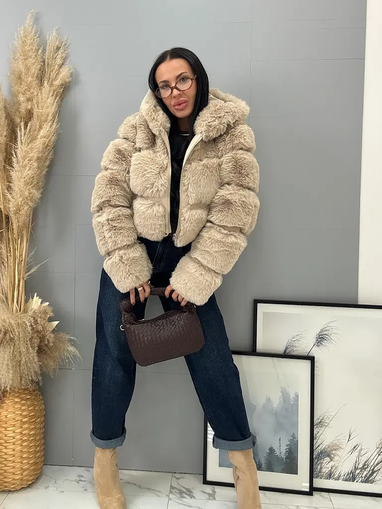 Koženková kožušinová bunda s kapucňou GIANNA+