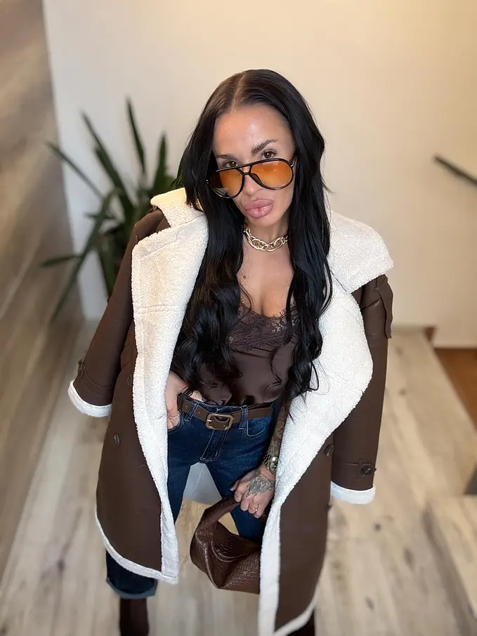 Dlhá kožená bunda s kožušinou HETIE