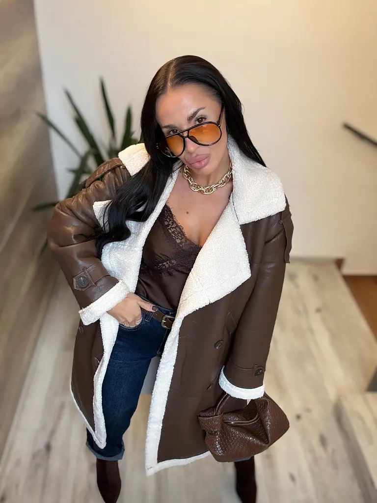 Dlhá kožená bunda s kožušinou HETIE - next