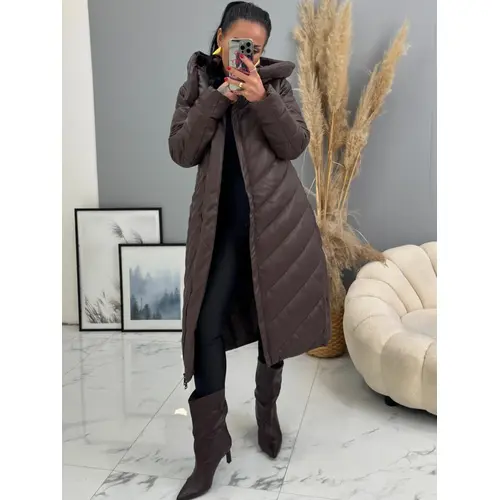 Dlhý koženkový kabát s kapucňou a opaskom JAMEA veľkosť: XL