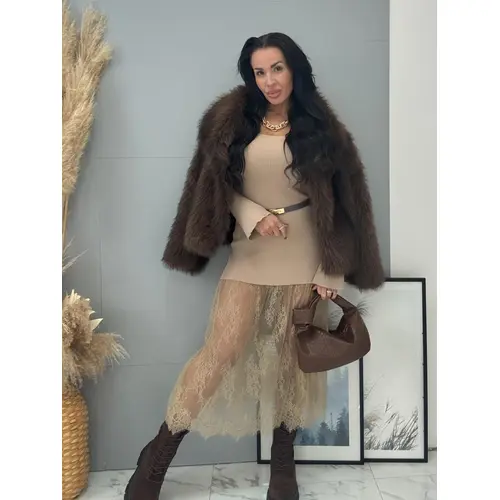 Pletené dlhé šaty z rebrovaného materiálu s čipkou DAYLIN veľkosť: one size