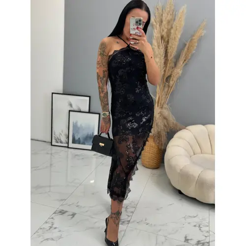 Čierne šifónové šaty zdobené flitrami AUDRIE veľkosť: one size