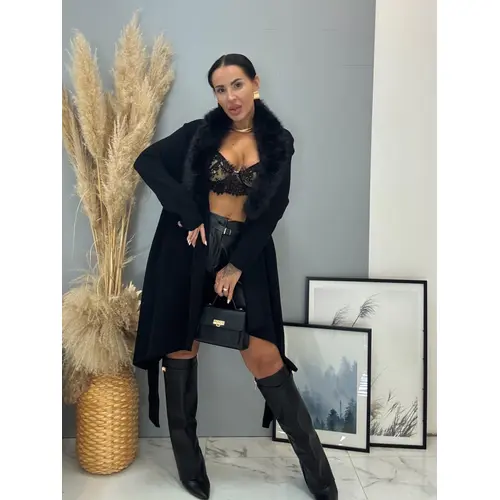 Čierny kardigán s kožušinou - bez opaskom FAYE veľkosť: one size