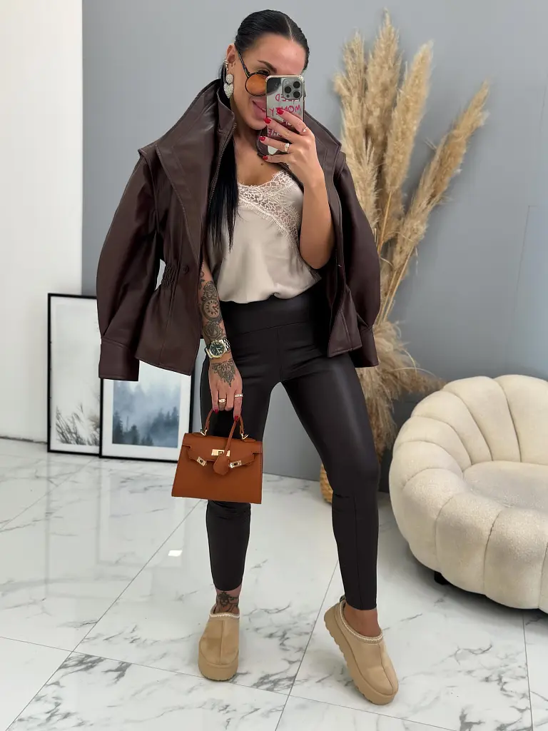 Hnedé koženkové legíny s vysokým pásom+ - next