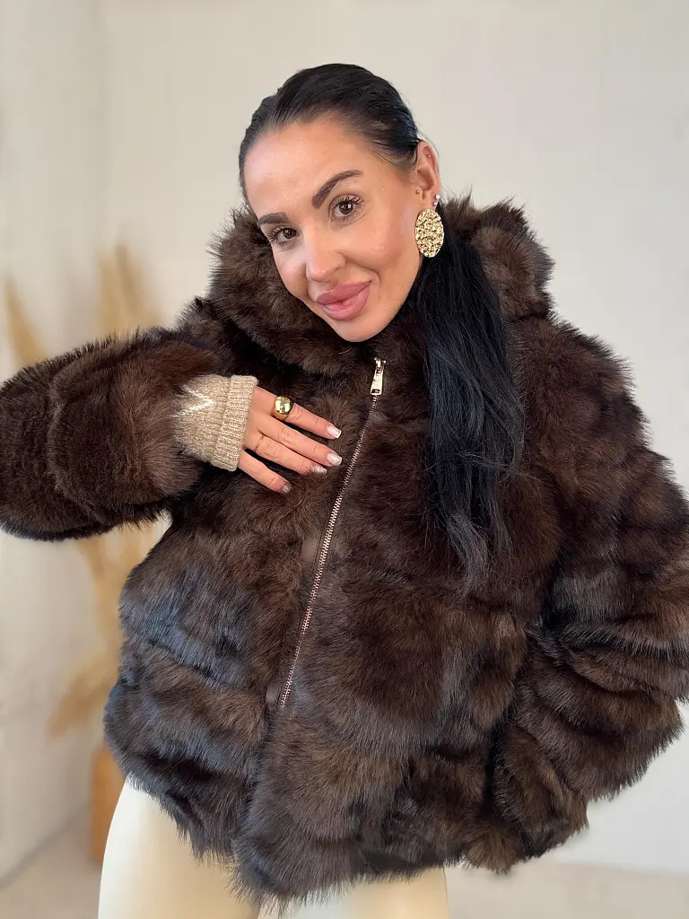 Koženková kožušinová bunda s kapucňou CHERRY