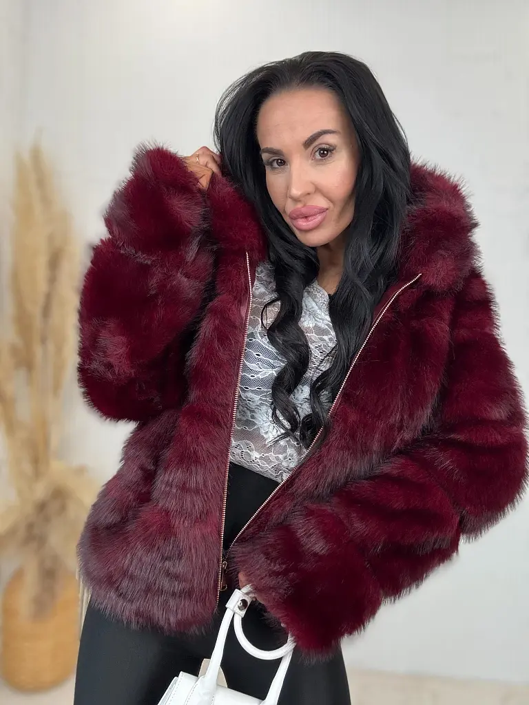 Koženková kožušinová bunda s kapucňou CHERRY - next