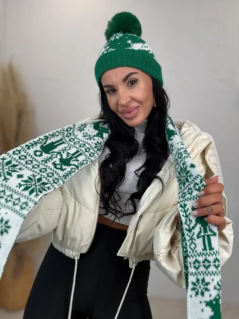 Vzorovaná teplá čiapka s brmbolcom a šálom - next