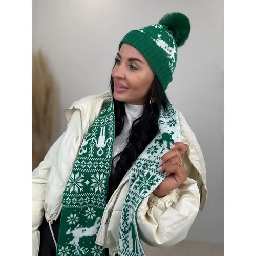 Vzorovaná teplá čiapka s brmbolcom a šálom farba: green