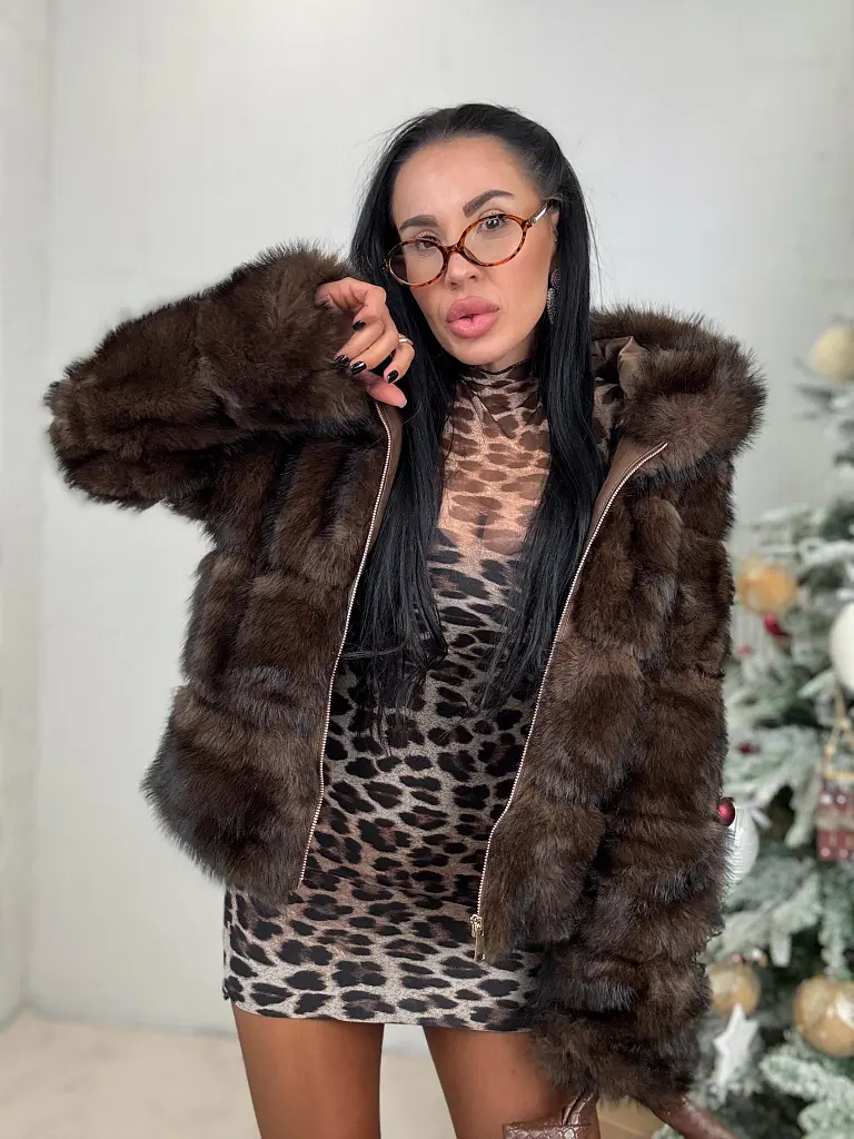 Koženková kožušinová bunda s kapucňou CHERRY