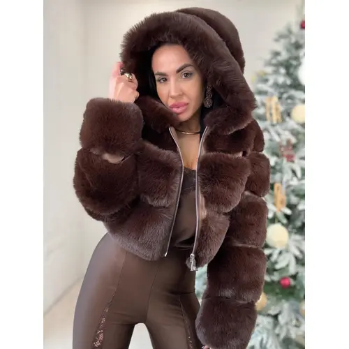 Koženková kožušinová bunda s kapucňou GIANNA veľkosť: S/M