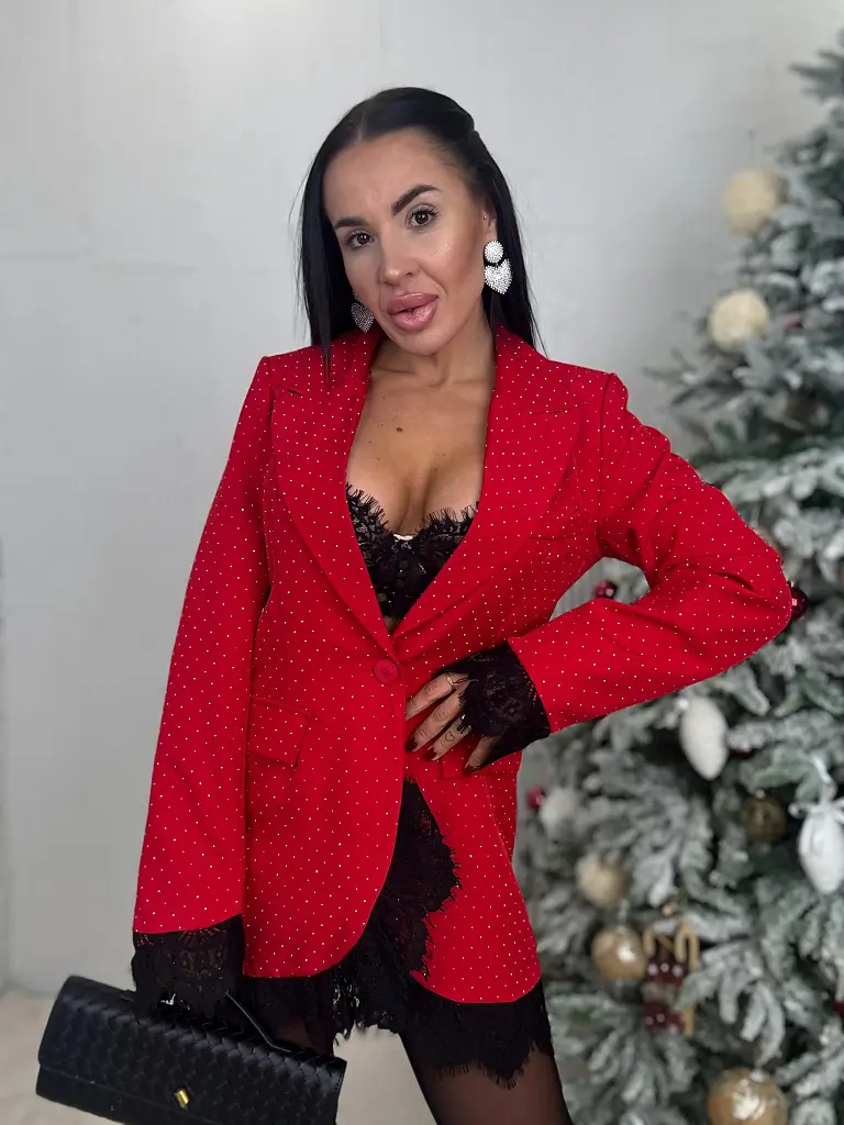 Červené trblietavé sako s čipkou SELINA - next