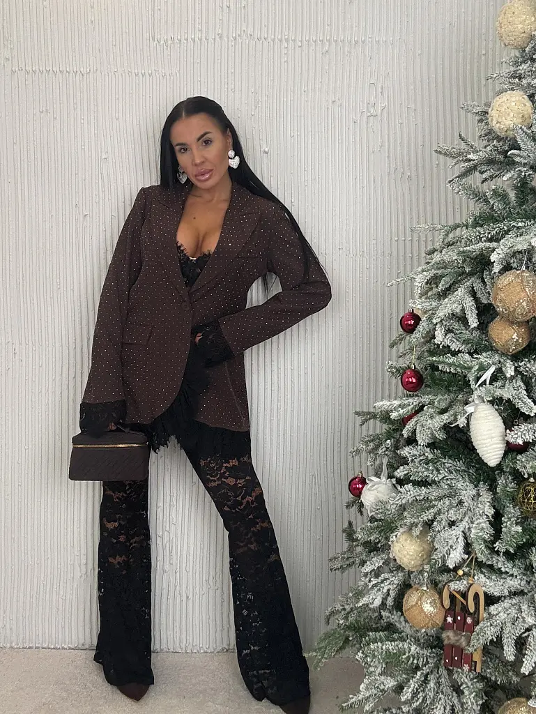 Hnedé trblietavé sako s čipkou SELINA