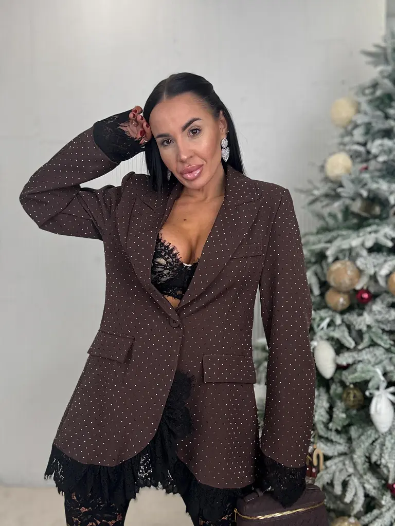 Hnedé trblietavé sako s čipkou SELINA - next