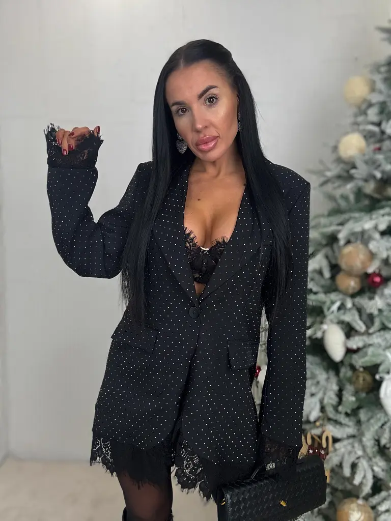 Čierne trblietavé sako s čipkou SELINA - next