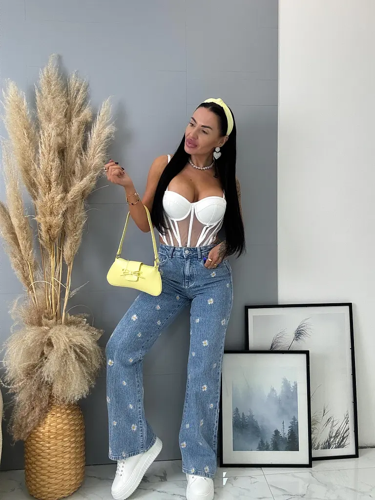 High Waist rifle s výšivkami FLOWERY