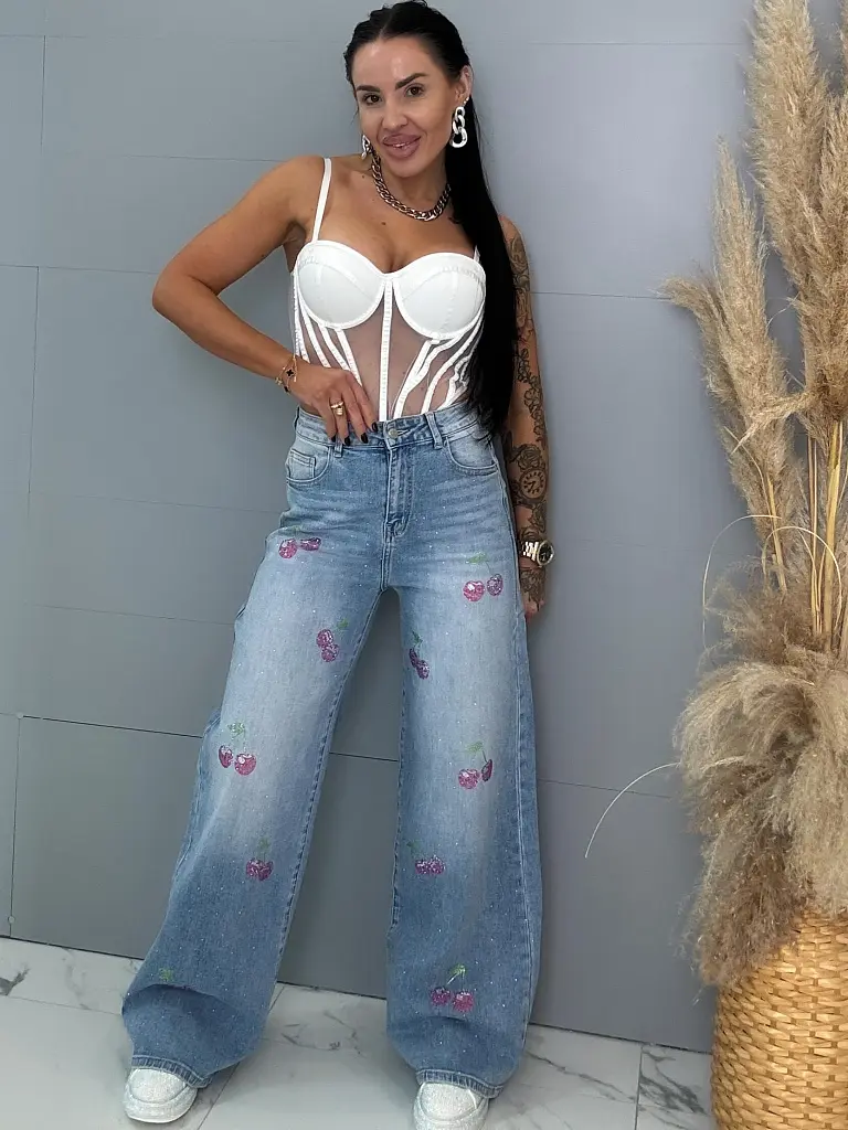 Vysokopásové palazzo rifle zdobené kamienkami - next