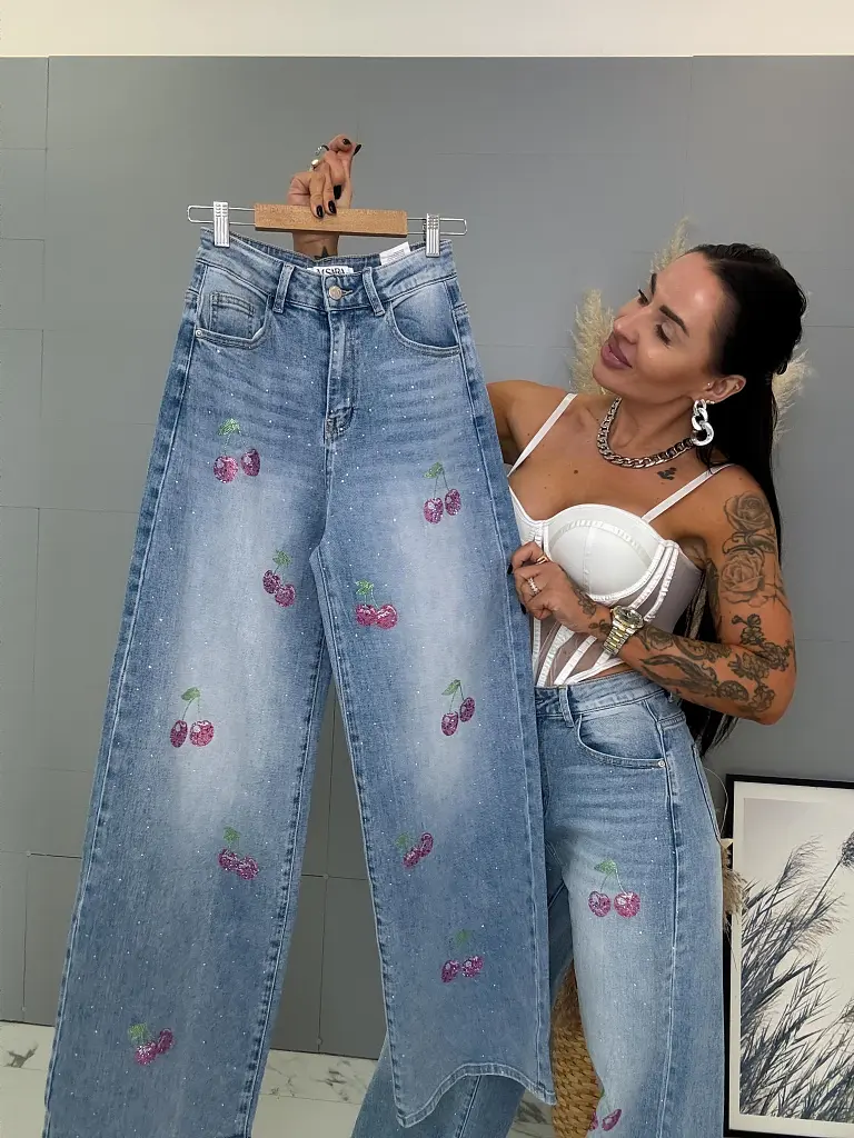 Vysokopásové palazzo rifle zdobené kamienkami