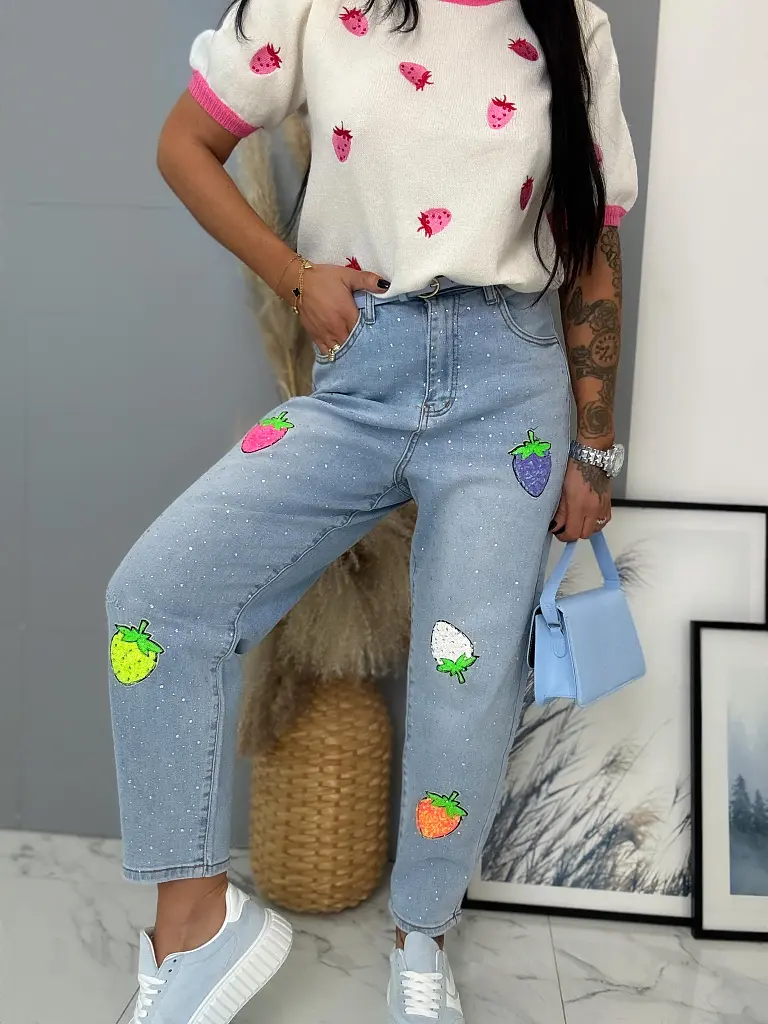 Mom fit rifle s vysokým pásom zdobené kamienkami a flitrami - next