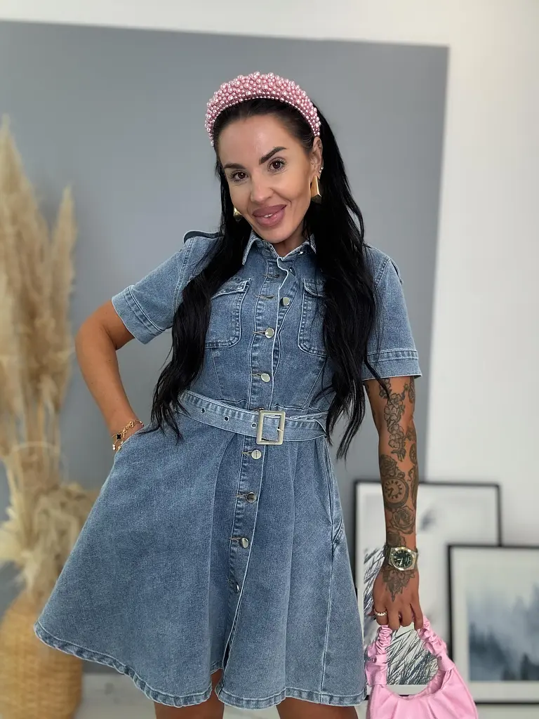 Denim šaty na gombíky s opaskom HENNIE