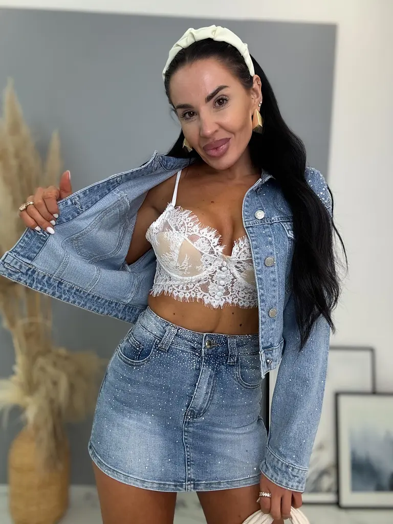 Denimový skort zdobený kamienkami MAXINE