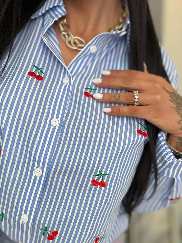 Bavlnená pásikavá košeľa s čerešňovou výšivkou CHERRY - next