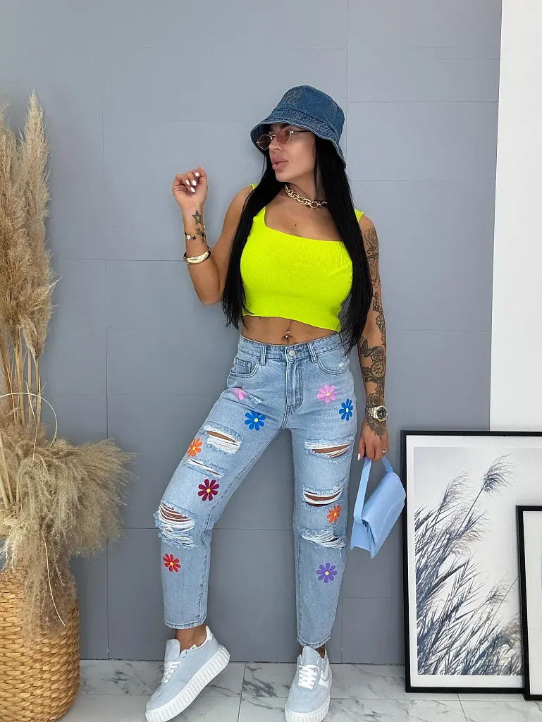 Roztrhané mom fit rifle s vysokým pásom a potlačou - next