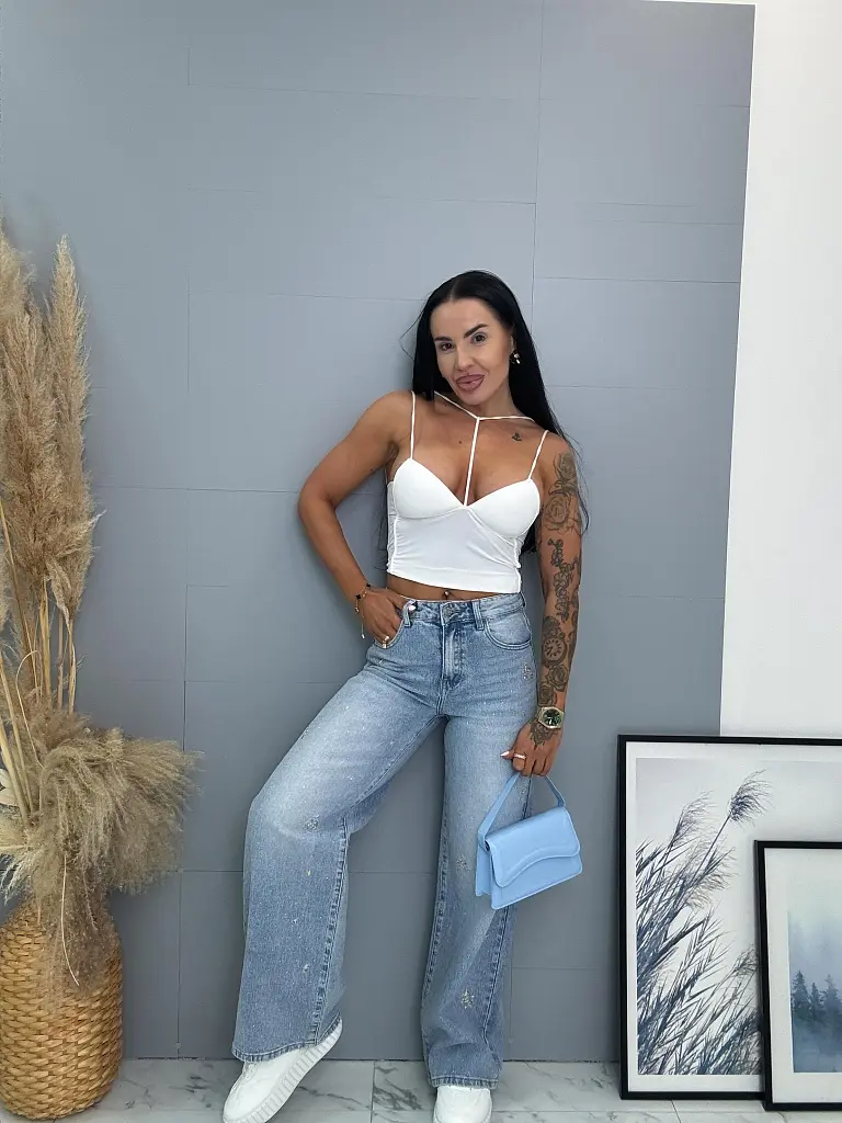 Vysokopásové vyšívané wide leg rifle s kamienkami