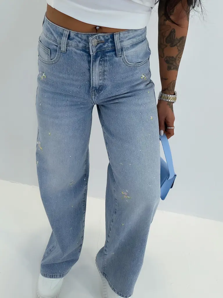 Vysokopásové vyšívané wide leg rifle s kamienkami - next