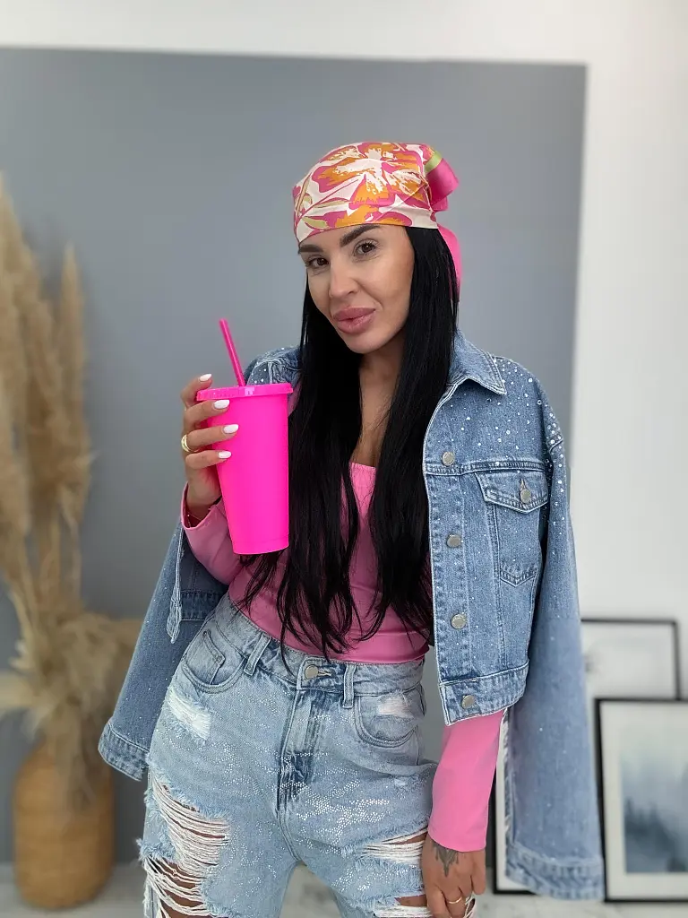 Krátky denim kabát s kamienkami EVELIN