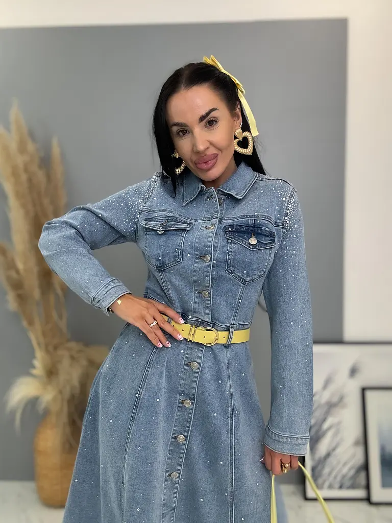 Denim šaty na gombíky zdobené kamienkami CELENA