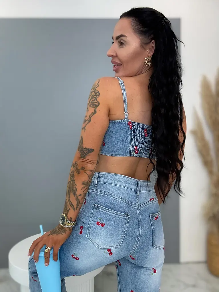 Wid leg rifle s vysokým pásom zdobené s čerešňovou výšivkou - next