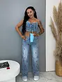 Denim crop-top zdobené s čerešňovou výšivkou CHERRY