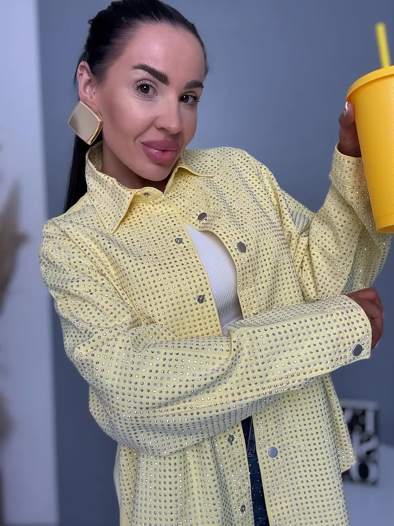 Denimový košeľový kabát s kamienkami ANZIA