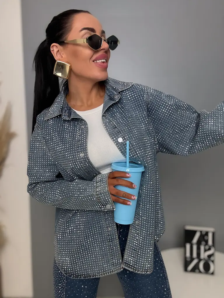 Denimový košeľový kabát s kamienkami ANZIA