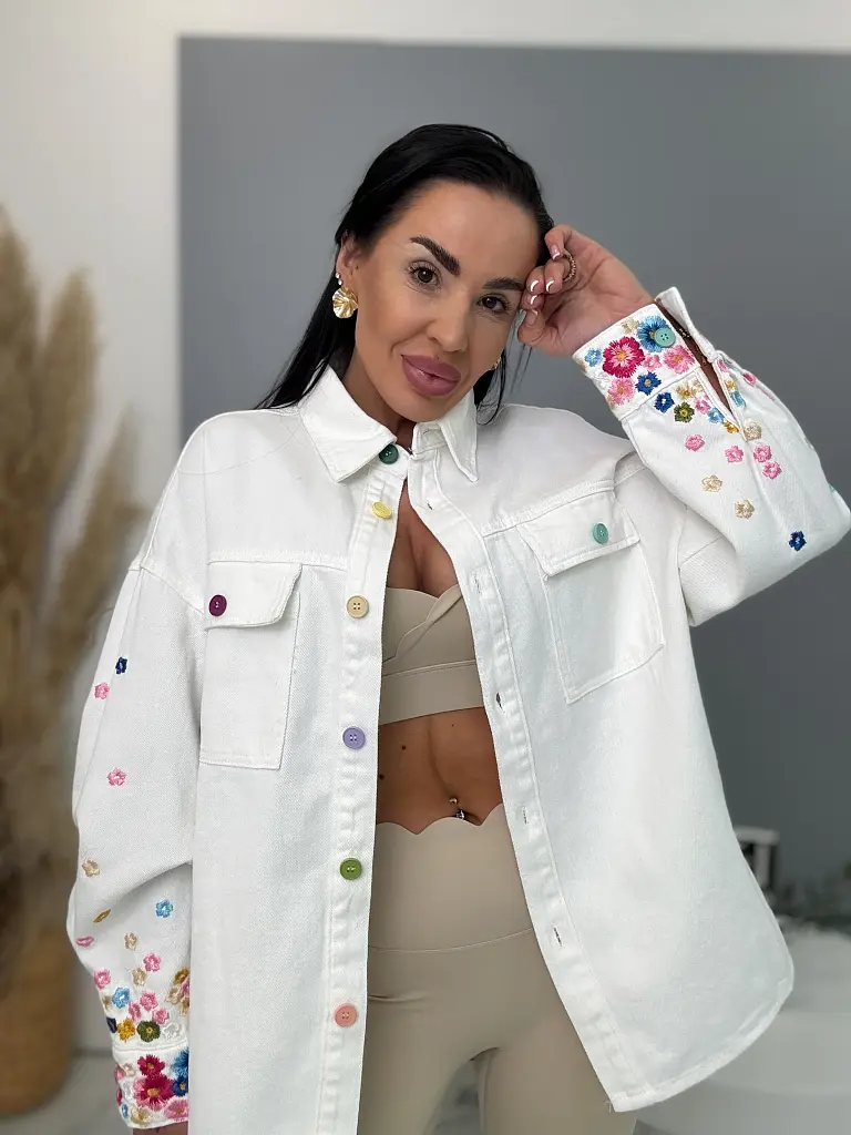 Denimový košeľový kabát s kvetinovou výšivkou RELIA