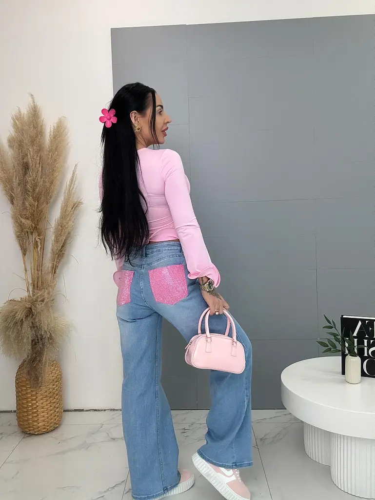 Vysokopásové wide leg rifle zdobené kamienkami na vreckách - next