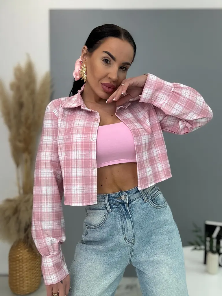 Károvaná crop košeľa s dlhým rukávom LEA