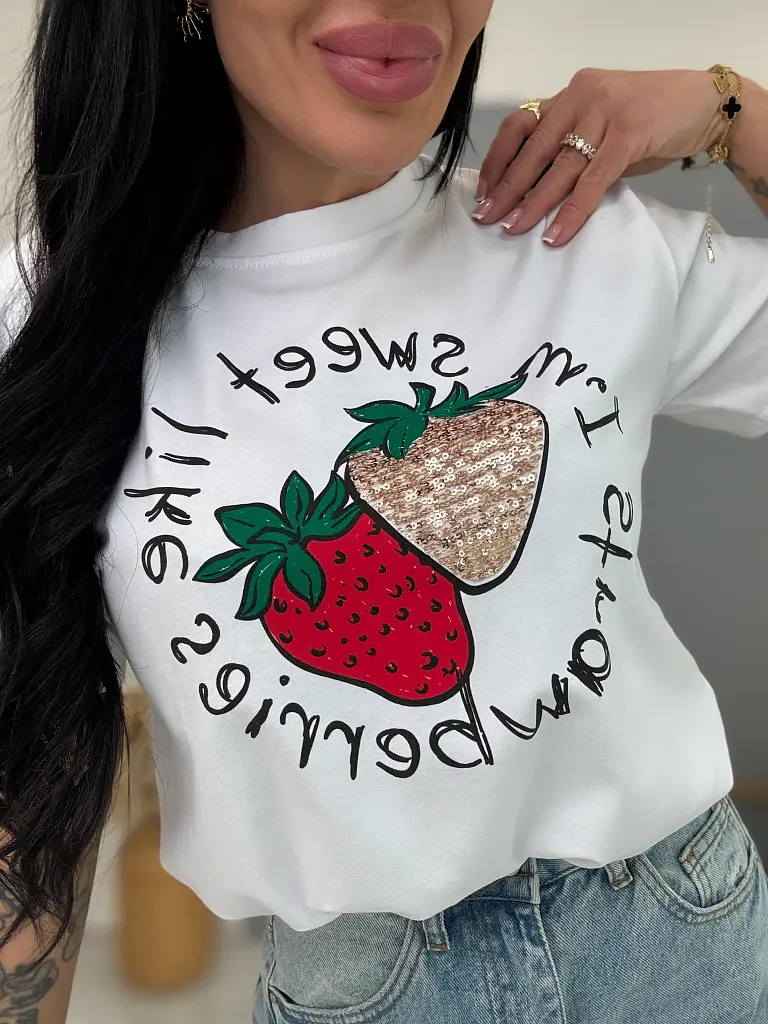 Biele tričko s flitrovým zdobením a potlačou STRAWBERRY 