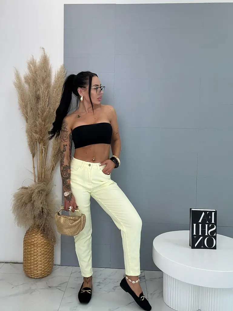 Žlté elastické mom fit rifle s vysokým pásom DAPHNE