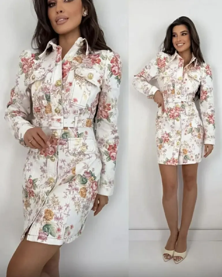 Kvetované denim šaty na gombíky s opaskom AMELY 