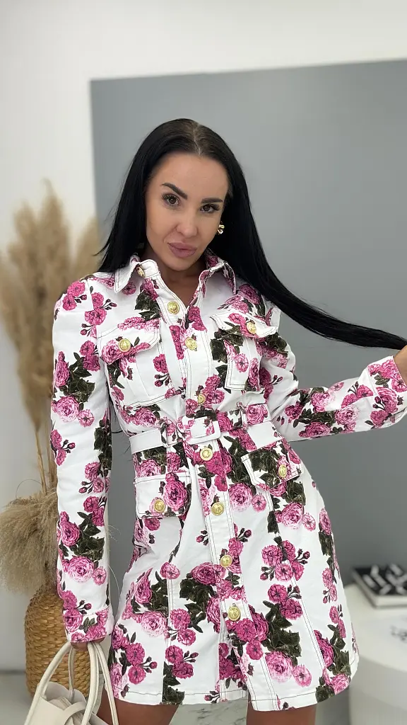 Kvetované denim šaty na gombíky s opaskom AMELY  - next