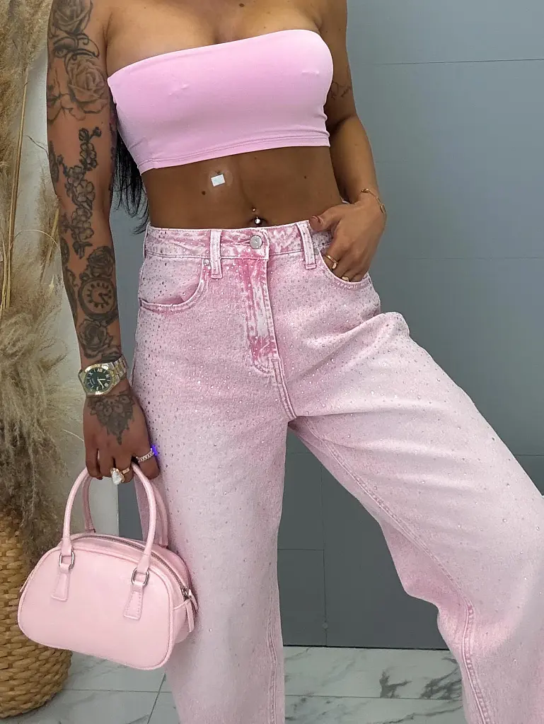 Džínsy s vysokým pásom zdobené kamienkami ROSE